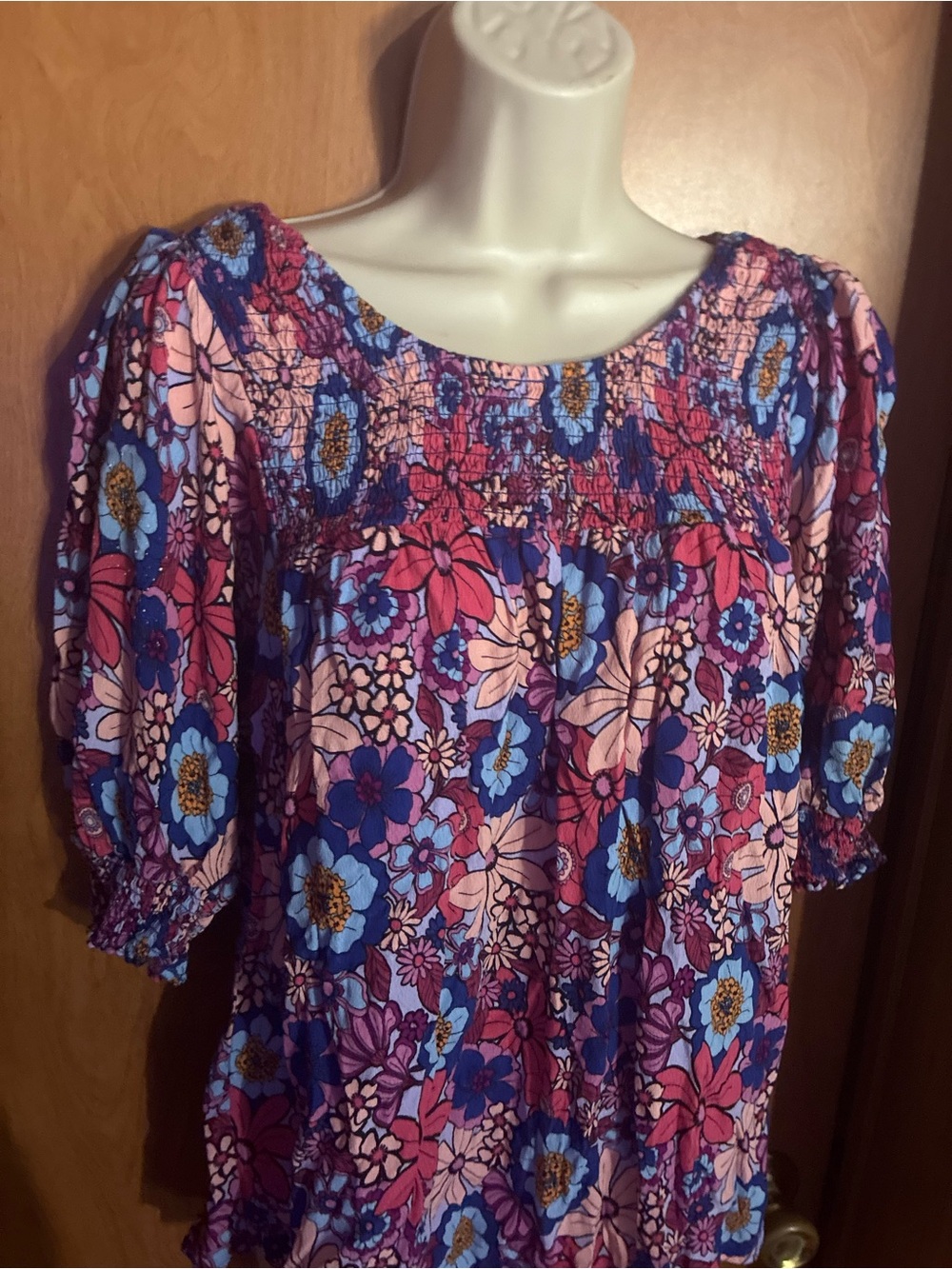 Smocked Floral Peasant Top in Pink and Blue